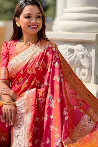 Peach woven design zari kanjeevaram saree