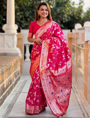 Pink woven design zari kanjeevaram saree 1