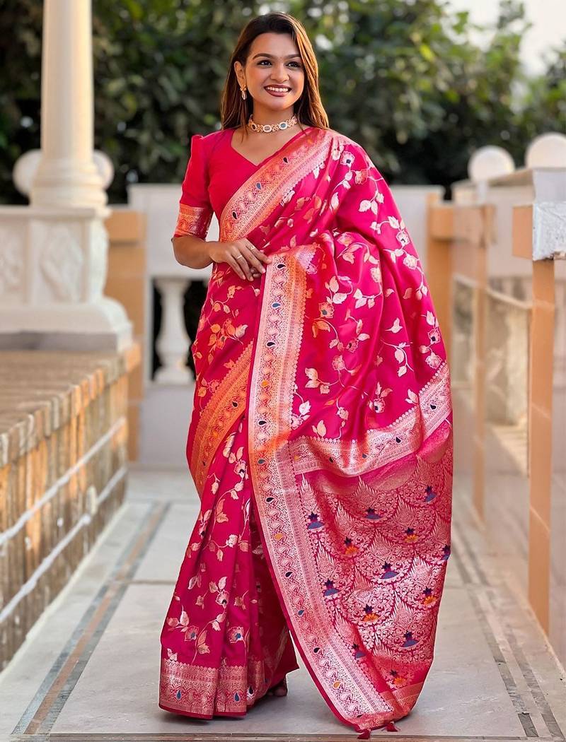 Pink woven design zari kanjeevaram saree