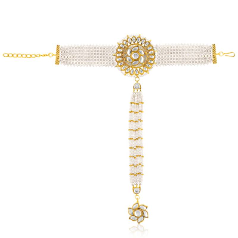 White kundan & beads studded haath panja haath phool ethnic traditional jewellery gift for women