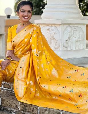 Yellow woven design zari saree 4
