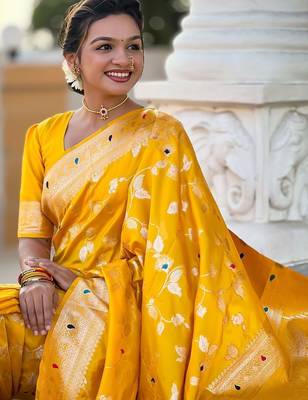 Yellow woven design zari saree 5