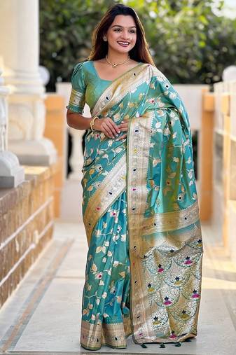 Blue floral woven design zari kanjeevaram saree