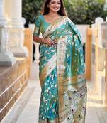 Blue floral woven design zari kanjeevaram saree