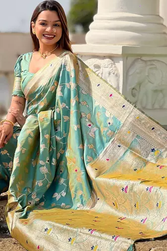 Blue floral woven design zari kanjeevaram saree