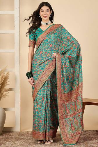 Blue woven design silk blend banarasi saree