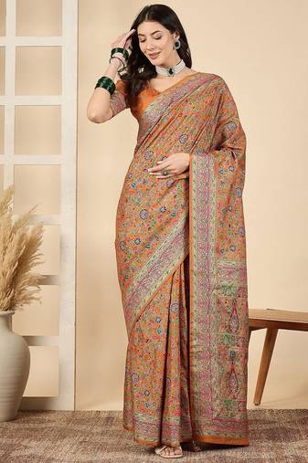 Orange woven design zari silk blend banarasi saree