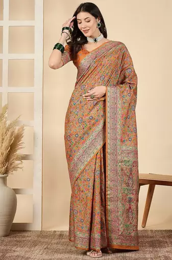 Orange woven design zari silk blend banarasi saree