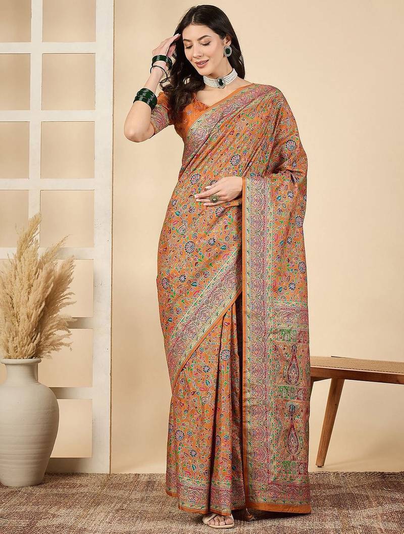 Orange woven design zari silk blend banarasi saree