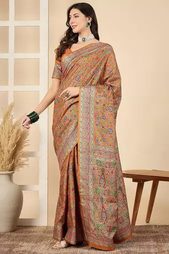 Orange woven design zari silk blend banarasi saree