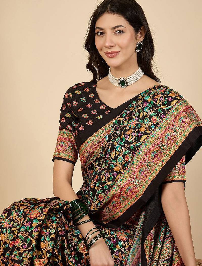 Black woven design silk blend banarasi saree