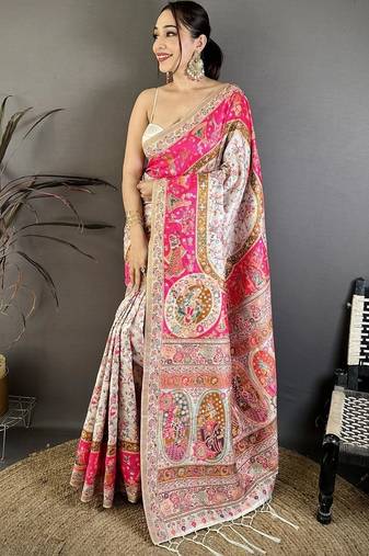 Pink floral embroidered silk blend handloom jamdani saree