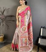 Pink floral embroidered silk blend handloom jamdani saree