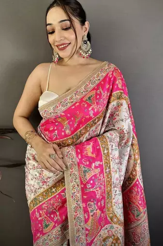 Pink floral embroidered silk blend handloom jamdani saree