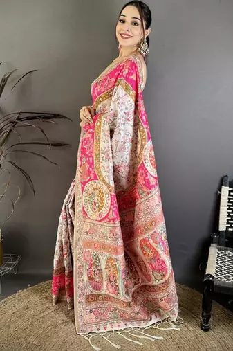 Pink floral embroidered silk blend handloom jamdani saree