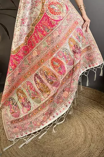 Pink floral embroidered silk blend handloom jamdani saree