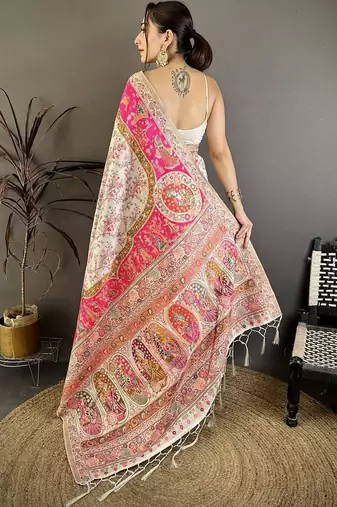 Pink floral embroidered silk blend handloom jamdani saree