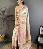 Off white floral zari silk blend jamdani saree