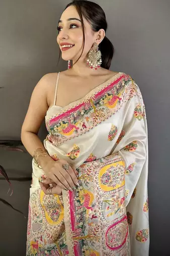Off white floral zari silk blend jamdani saree