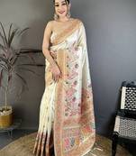 Off white floral embroidered silk blend jamdani saree
