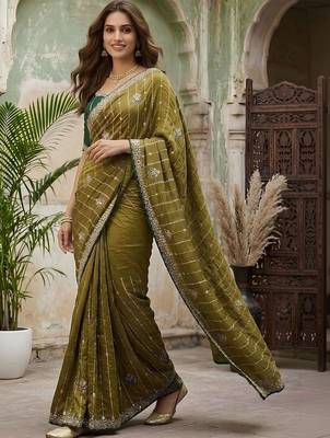Olive embellished embroidered silk blend fusion saree 1