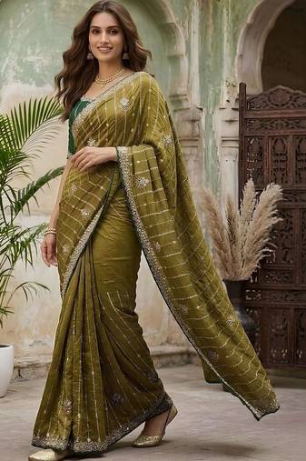 Olive embellished embroidered silk blend fusion saree