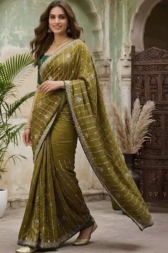 Olive embellished embroidered silk blend fusion saree