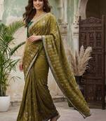 Olive embellished embroidered silk blend fusion saree