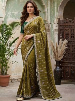 Olive embellished embroidered silk blend fusion saree 2