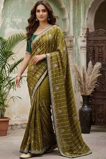 Olive embellished embroidered silk blend fusion saree