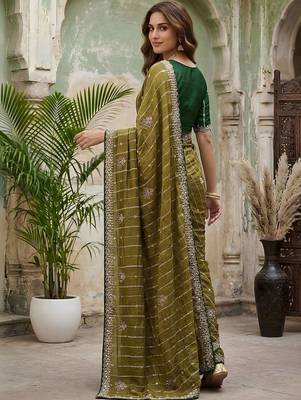 Olive embellished embroidered silk blend fusion saree 3