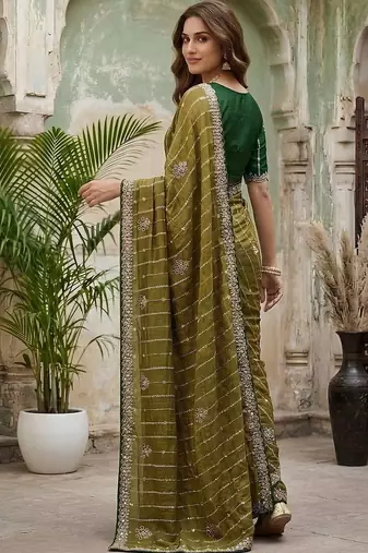 Olive embellished embroidered silk blend fusion saree