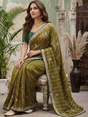 Olive embellished embroidered silk blend fusion saree 4