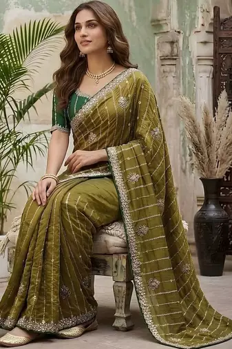 Olive embellished embroidered silk blend fusion saree