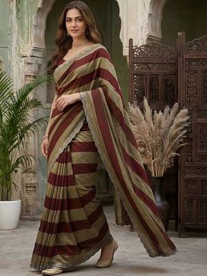 Maroon striped embroidered silk blend fusion saree 1