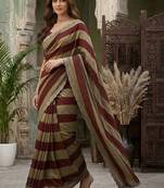 Maroon striped embroidered silk blend fusion saree