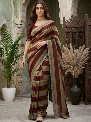Maroon striped embroidered silk blend fusion saree 2