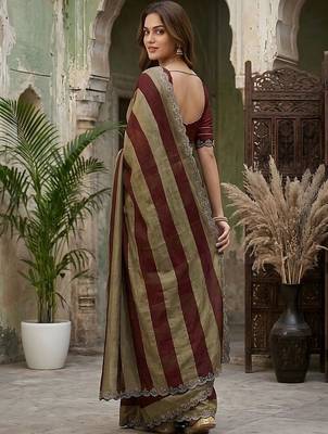 Maroon striped embroidered silk blend fusion saree 3