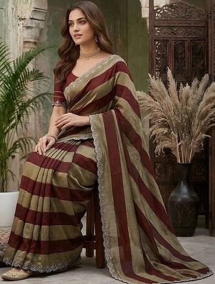 Maroon striped embroidered silk blend fusion saree 4