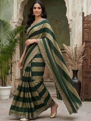 Green striped embroidered silk blend fusion saree 1