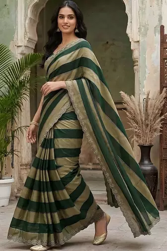 Green striped embroidered silk blend fusion saree