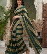Green striped embroidered silk blend fusion saree