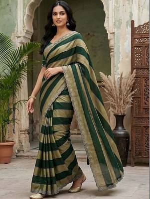 Green striped embroidered silk blend fusion saree 2