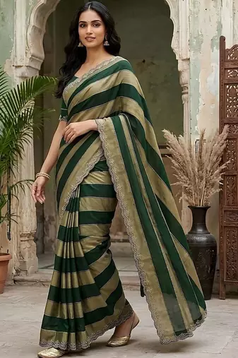 Green striped embroidered silk blend fusion saree