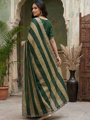 Green striped embroidered silk blend fusion saree 3