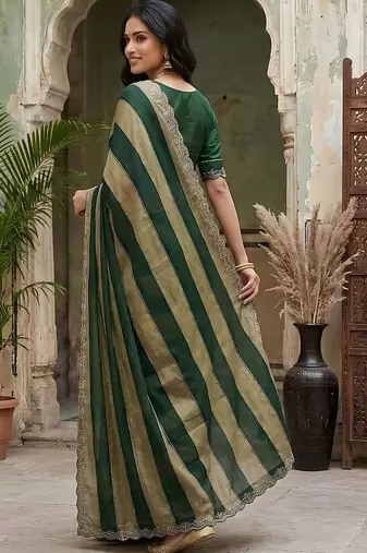 Green striped embroidered silk blend fusion saree
