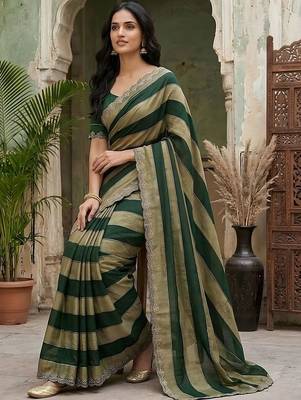 Green striped embroidered silk blend fusion saree 4