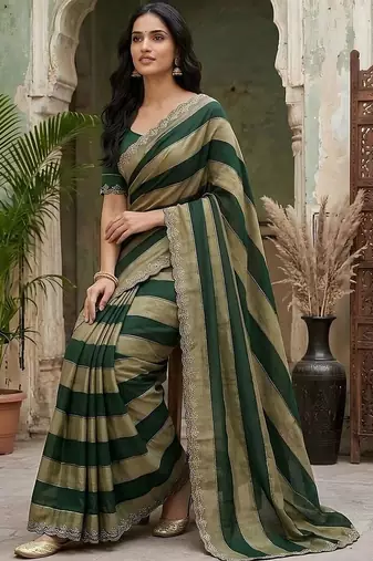 Green striped embroidered silk blend fusion saree