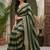 Green striped embroidered silk blend fusion saree