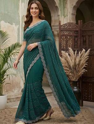 Teal embellished beads and stones silk blend fusion saree 1